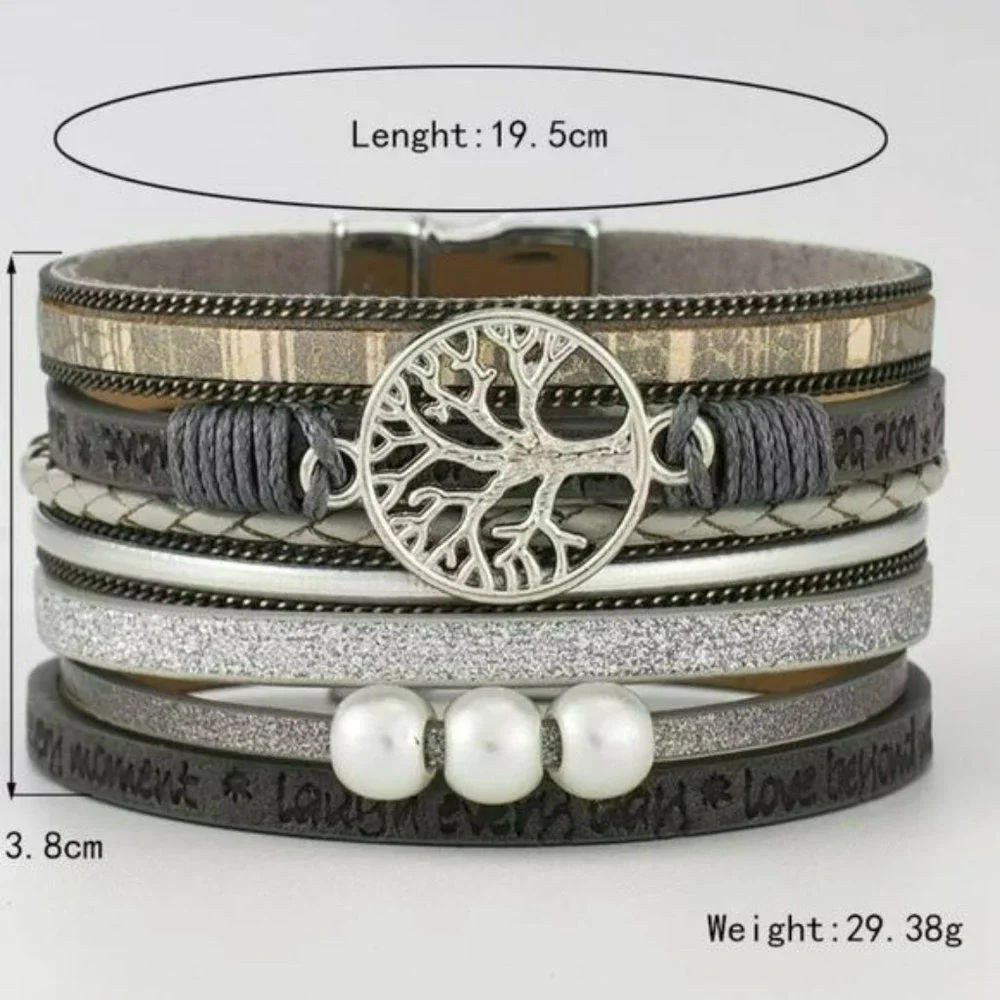 Multilayer Leather‎ Bangle Magnetic Clasp Bracelet for Men or Women 7.5in Silver